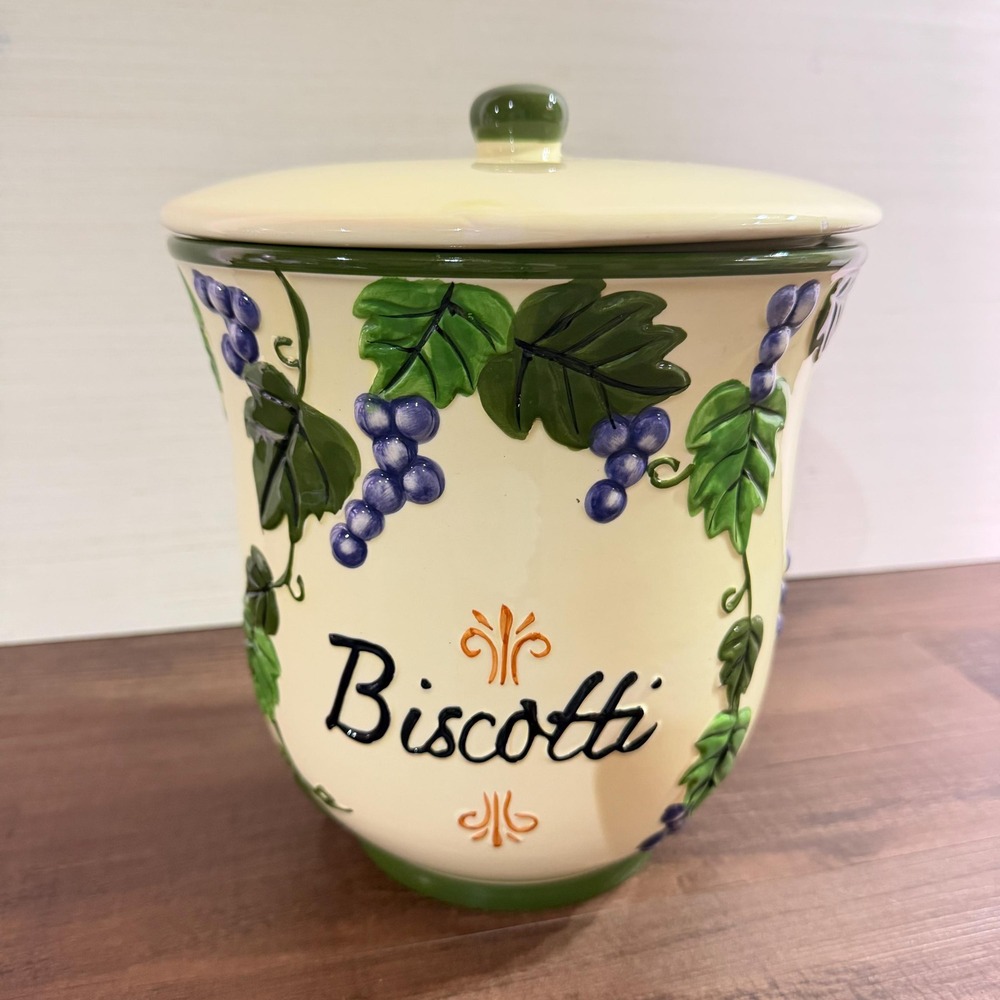 VTG Nonni's Biscotti Cookie Jar Hand Painted Grape Ceramic Canister Tuscan